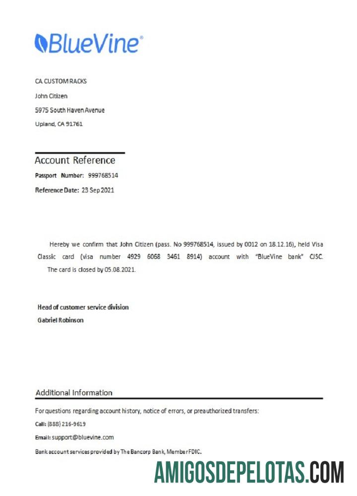 Referência de fechamento do Bluevine nos EUA amostra